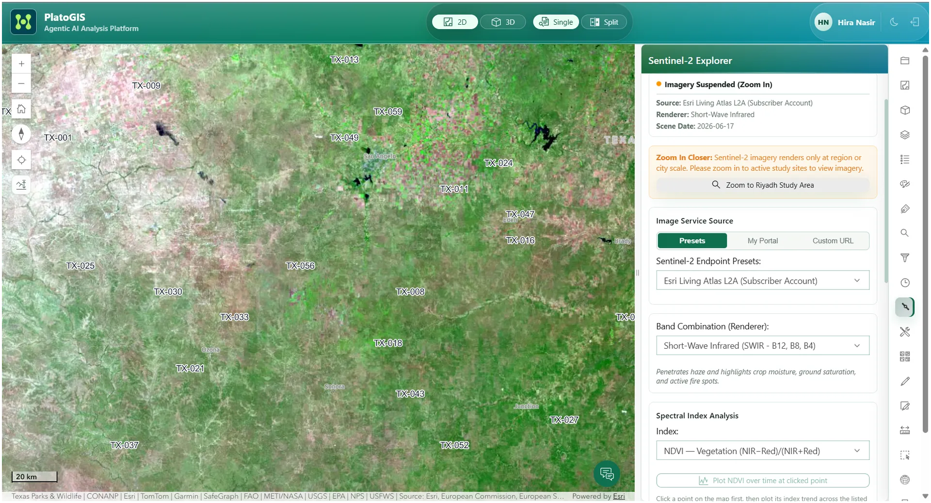 Plato GIS Sentinel remote sensing analysis panel.